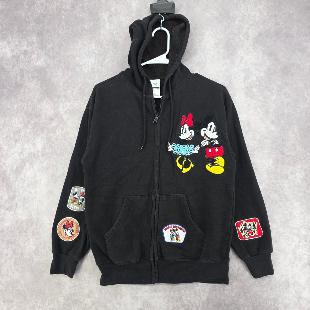 Disney Mickey Minnie Hoodie Sweatshirt Womens XS Black Full Zip Fleece Patches